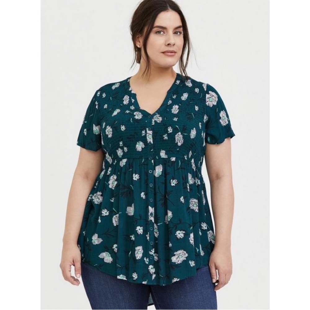 Torrid Babydoll Gauze Smocked Button-Front Top
